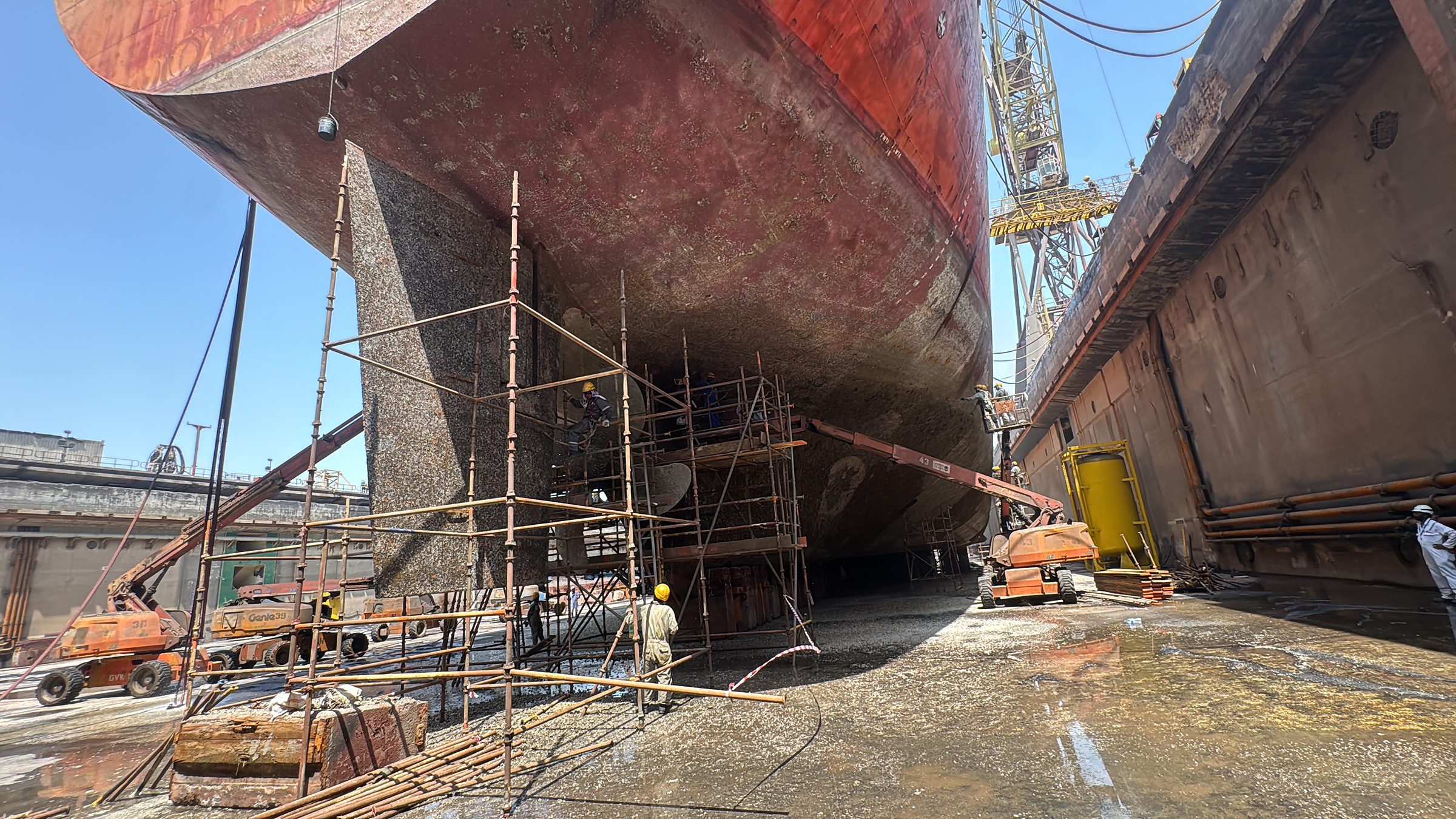 A vessel bow in drydock — CCME-MCPS marine cathodic protection work