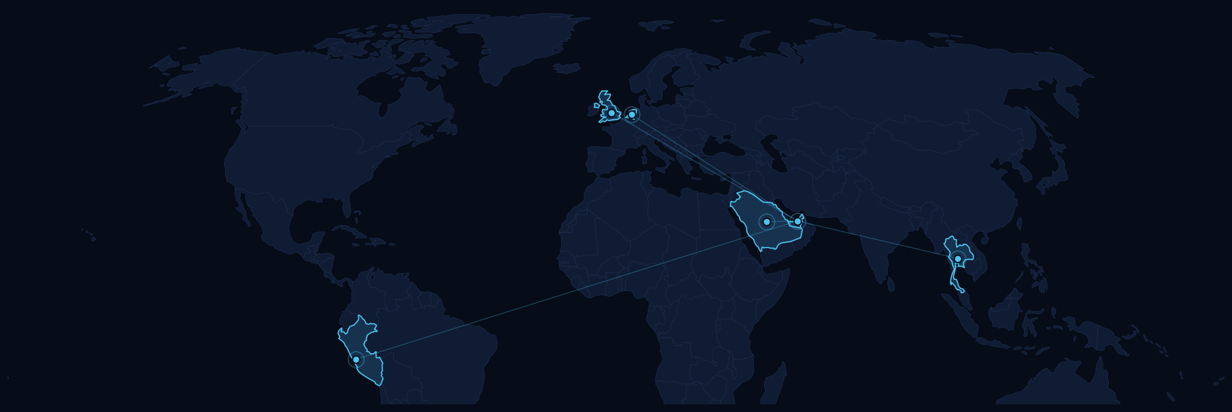 World map highlighting CCME-MCPS engineering, manufacturing and service capability across the United Kingdom, United Arab Emirates, Saudi Arabia, Thailand and Peru.